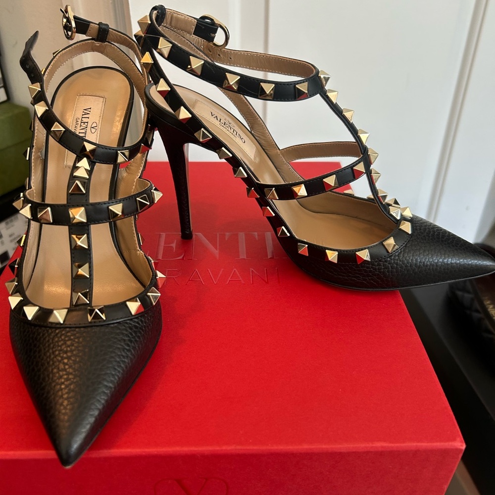 Valentino Black and Gold Studded Heels